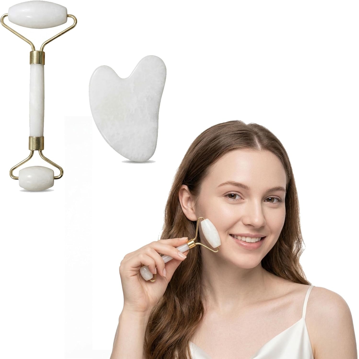 Jade Roller and Gua Sha Set for Face - Natural Jade Stone Facial Roller & Guasha Tool for Skin Care - Face Massager for Women, Eye Puffiness, Neck Massage & Beauty Gifts, White