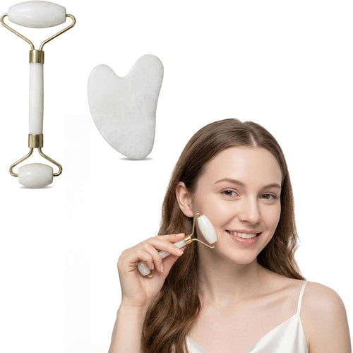 Jade Roller and Gua Sha Set for Face - Natural Jade Stone Facial Roller & Guasha Tool for Skin Care - Face Massager for Women, Eye Puffiness, Neck Massage & Beauty Gifts, White