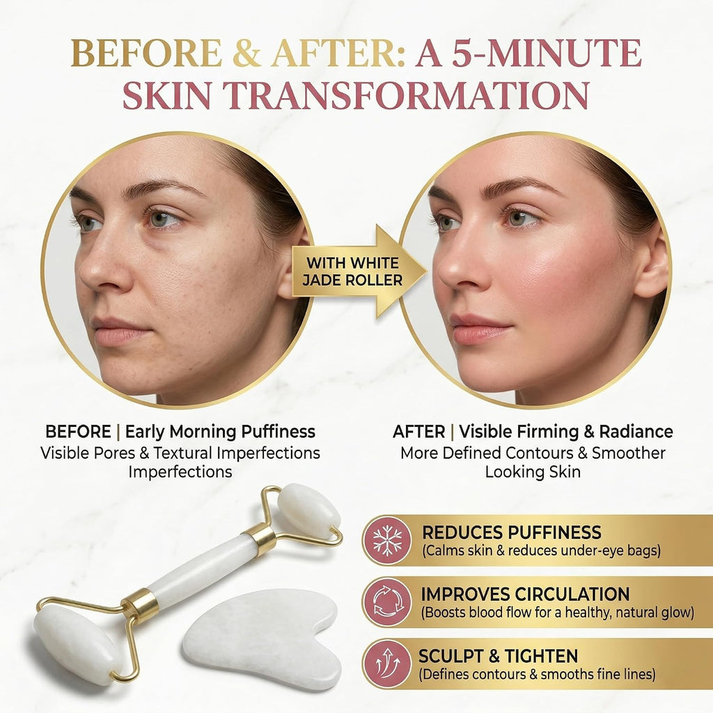 Jade Roller and Gua Sha Set for Face - Natural Jade Stone Facial Roller & Guasha Tool for Skin Care - Face Massager for Women, Eye Puffiness, Neck Massage & Beauty Gifts, White