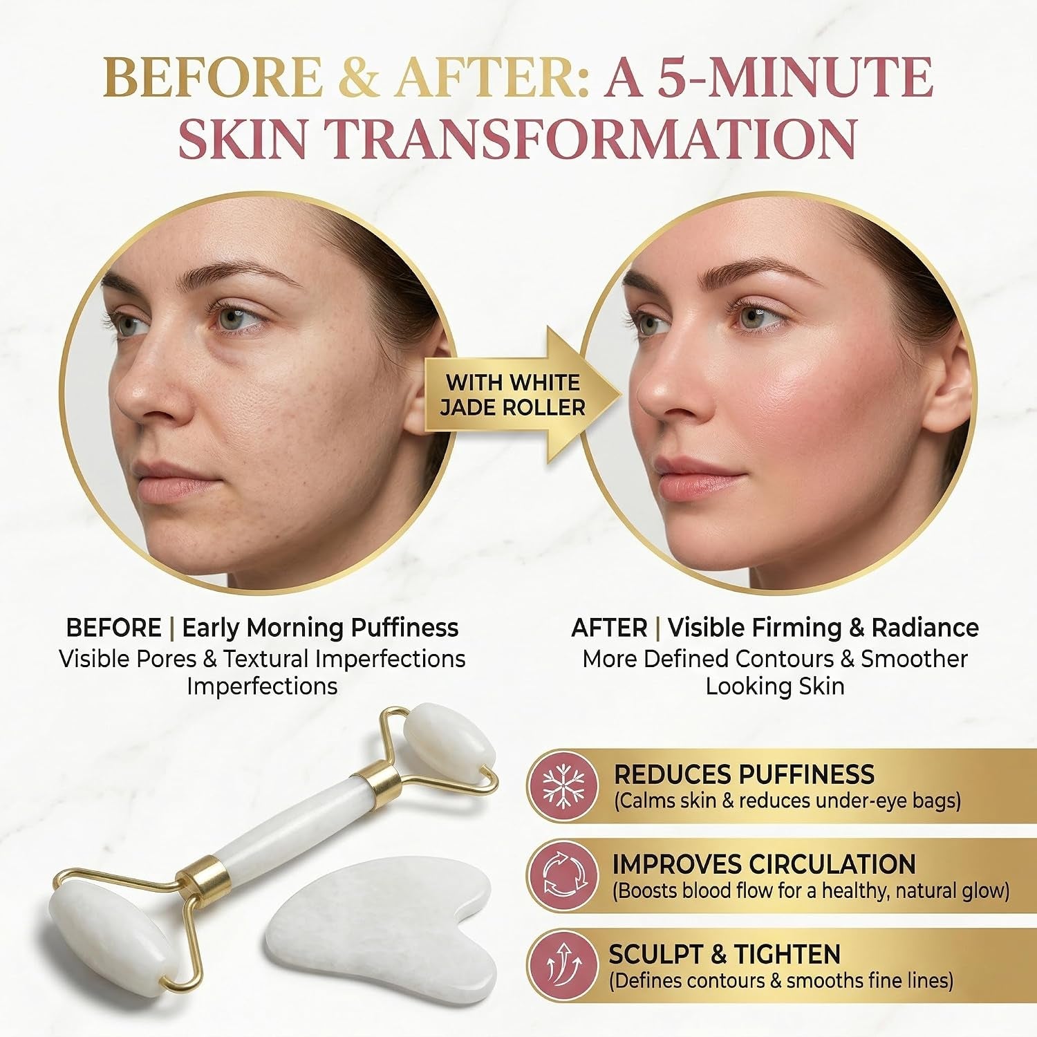 Jade Roller and Gua Sha Set for Face - Natural Jade Stone Facial Roller & Guasha Tool for Skin Care - Face Massager for Women, Eye Puffiness, Neck Massage & Beauty Gifts, White