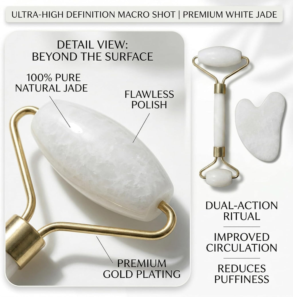 Jade Roller and Gua Sha Set for Face - Natural Jade Stone Facial Roller & Guasha Tool for Skin Care - Face Massager for Women, Eye Puffiness, Neck Massage & Beauty Gifts, White
