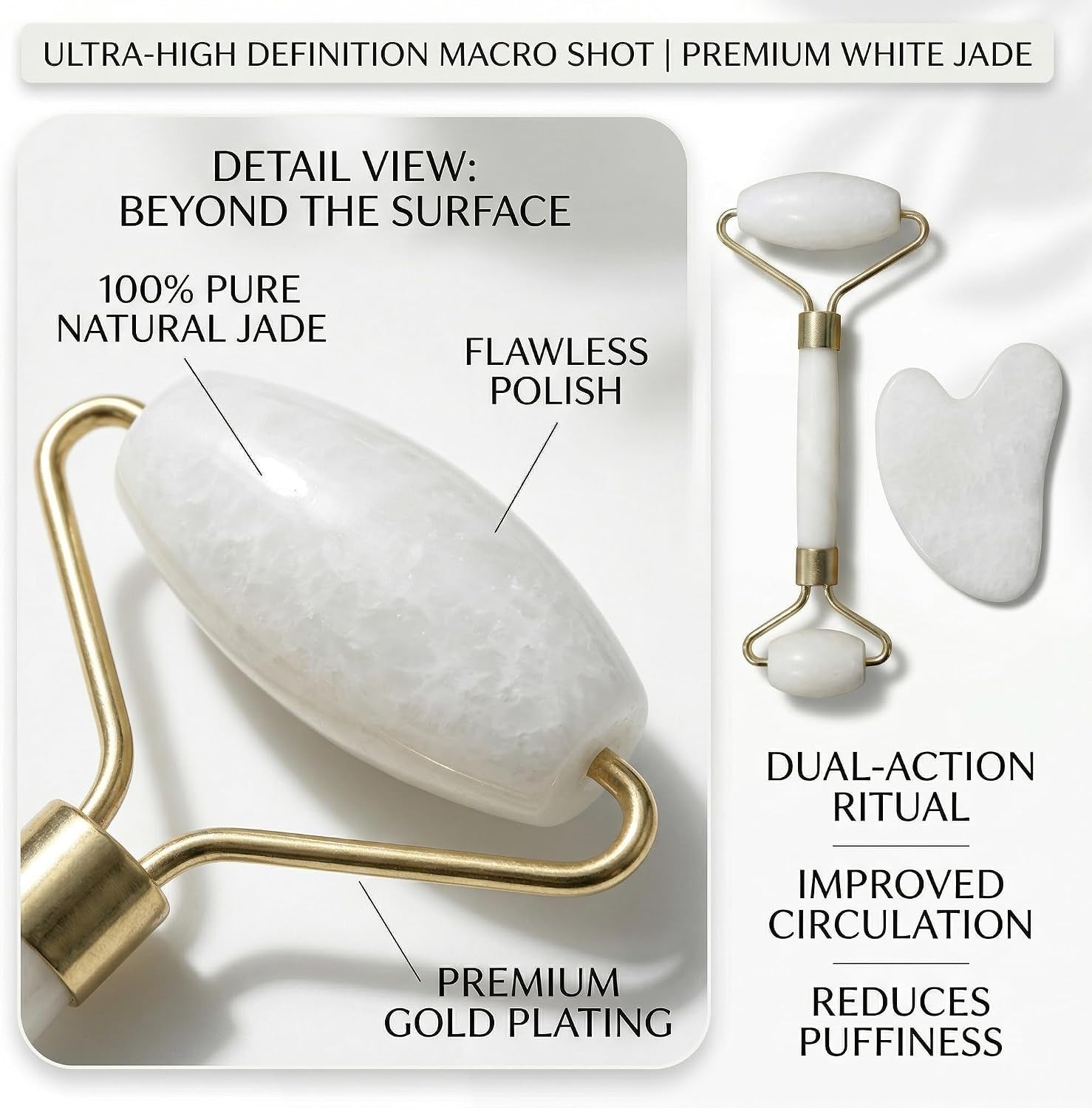 Jade Roller and Gua Sha Set for Face - Natural Jade Stone Facial Roller & Guasha Tool for Skin Care - Face Massager for Women, Eye Puffiness, Neck Massage & Beauty Gifts, White