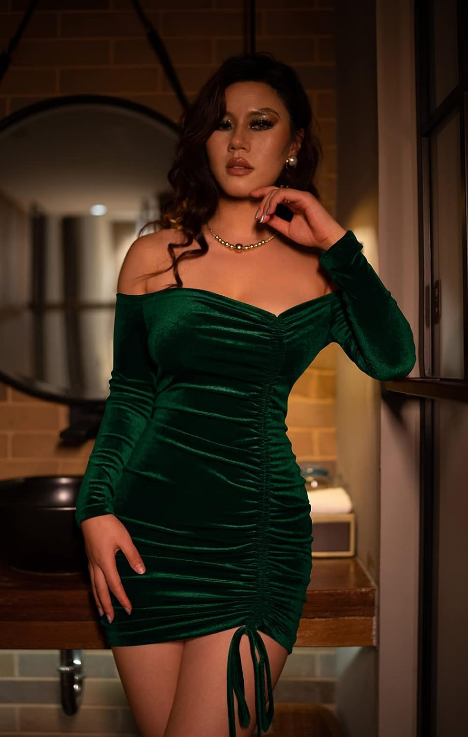 Womens Velvet Bodycon Ruched Sexy off Shoulder Bodycon Mini Club Dress Dark Green