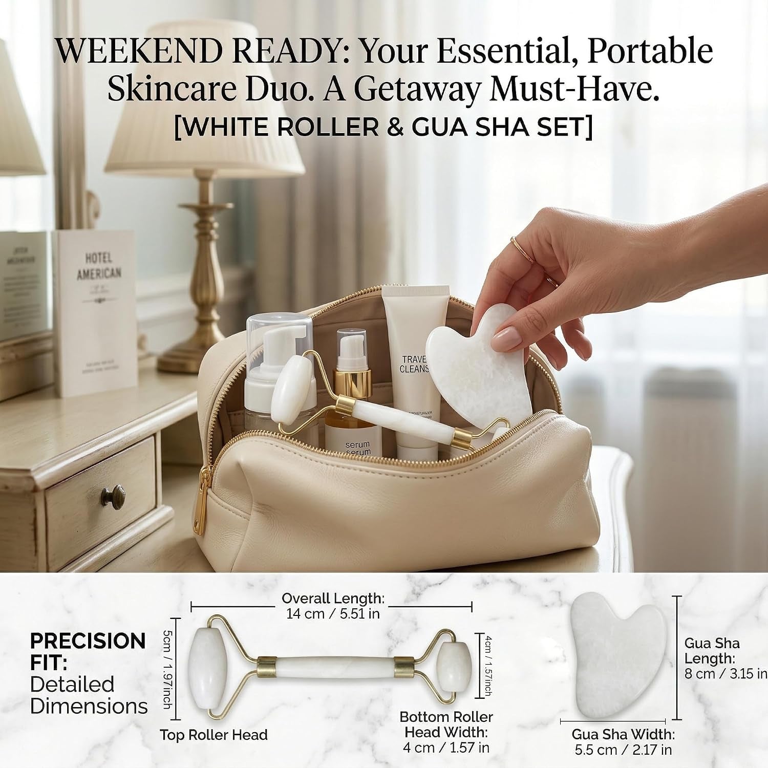 Jade Roller and Gua Sha Set for Face - Natural Jade Stone Facial Roller & Guasha Tool for Skin Care - Face Massager for Women, Eye Puffiness, Neck Massage & Beauty Gifts, White